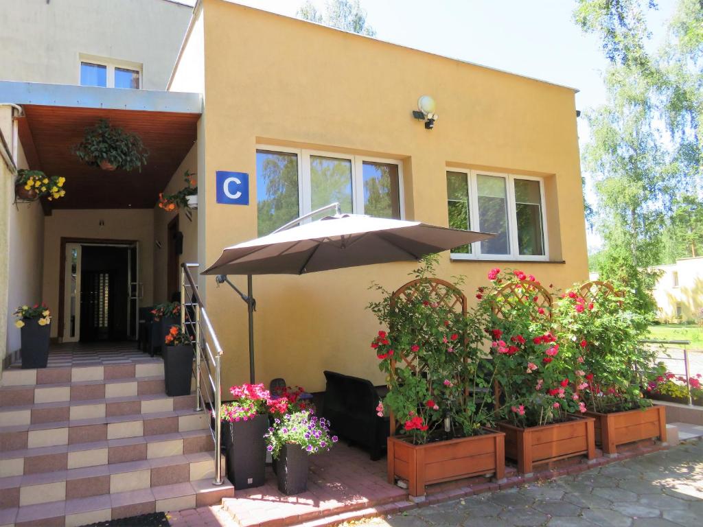 a house with an umbrella and flowers in front of it at FALA na WYSPIE in Sobieszewo