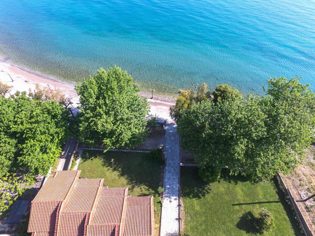 widok na plażę z drzewami i wodą w obiekcie Skourtis Apartments w mieście Eleonas