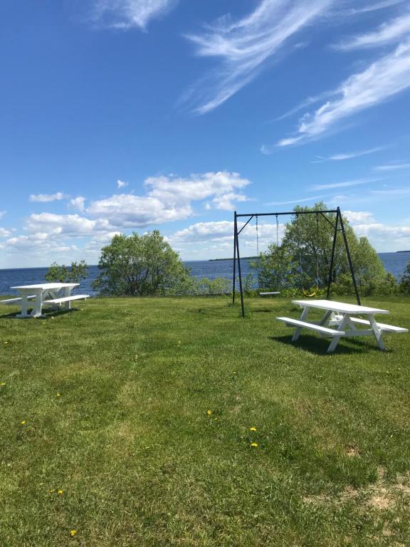 two picnic tables in a field with a swing at Auberge Lac St-Jean Phase 2 in Roberval