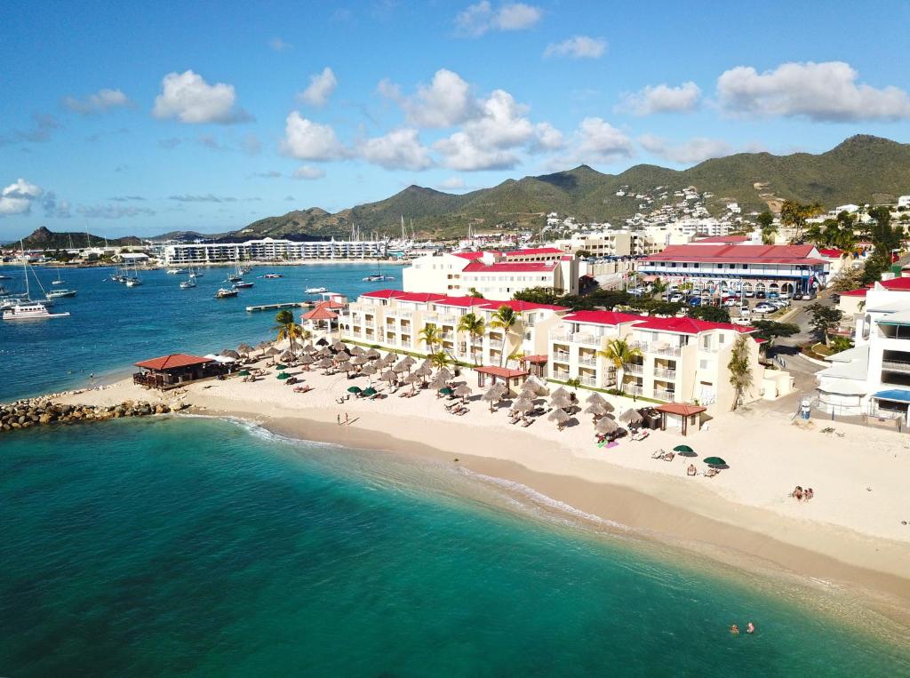 an aerial view of a beach with a resort at Simpson Bay Resort Marina & Spa in Simpson Bay