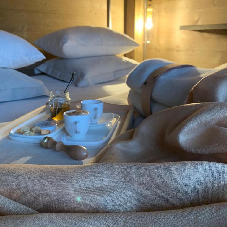 łóżko z tacą z jedzeniem i kawą w obiekcie KOZA U WOZA WYPOCZNIJ W GÓRACH W RYTMIE SLOW drewniany dom premium z widokiem na panoramę Tatr ecoSPA strefa fitness ZIELONA FARMA warsztaty w mieście Szlembark