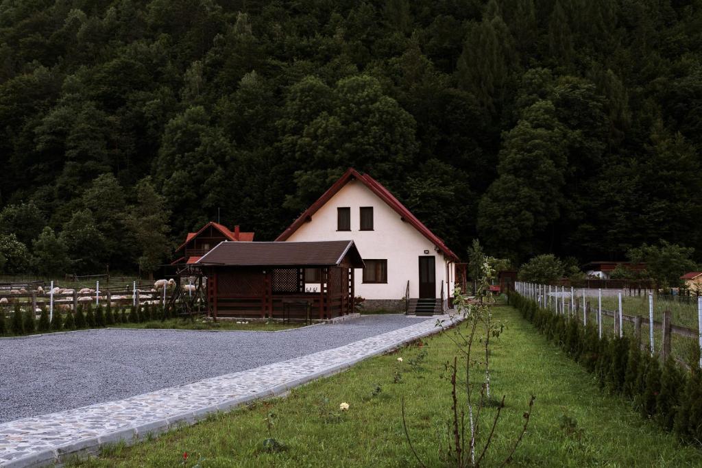 un fienile bianco con un tetto nero accanto a una strada di Gold House a Zărneşti