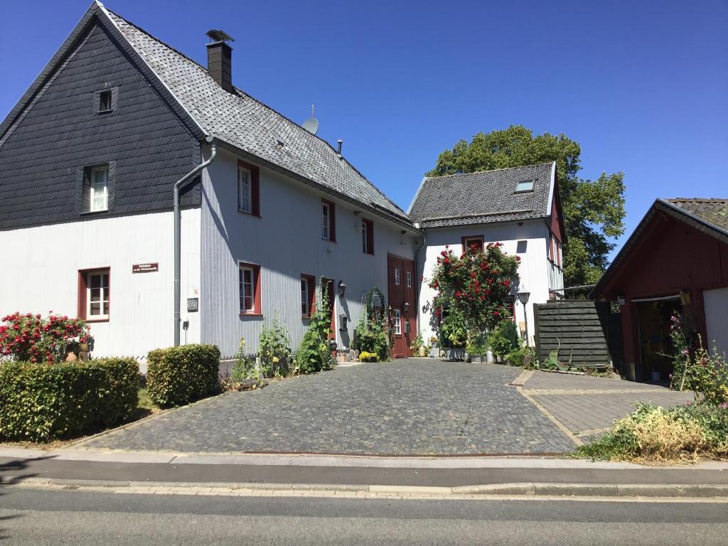 レートゲンにあるFerienhaus An der Marienkapelleの白い家屋が二軒並ぶ道