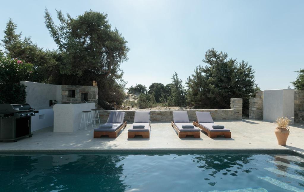 a group of lounge chairs next to a swimming pool at CEDAR FOREST ALYKO in Naxos Chora