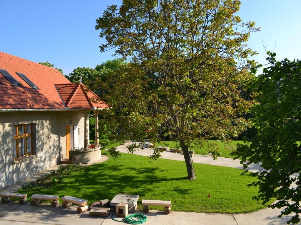 a group of benches in a yard next to a building at Turján Vendégház in Erdőbénye