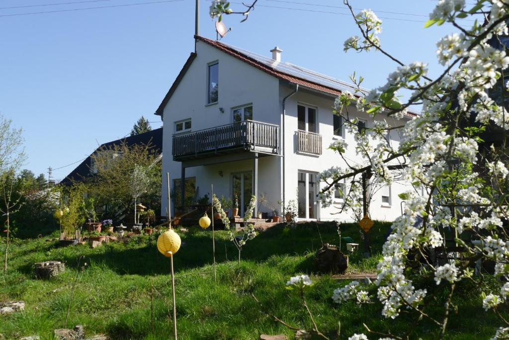 a white house on a hill with a garden at Otterhaus in Trippstadt