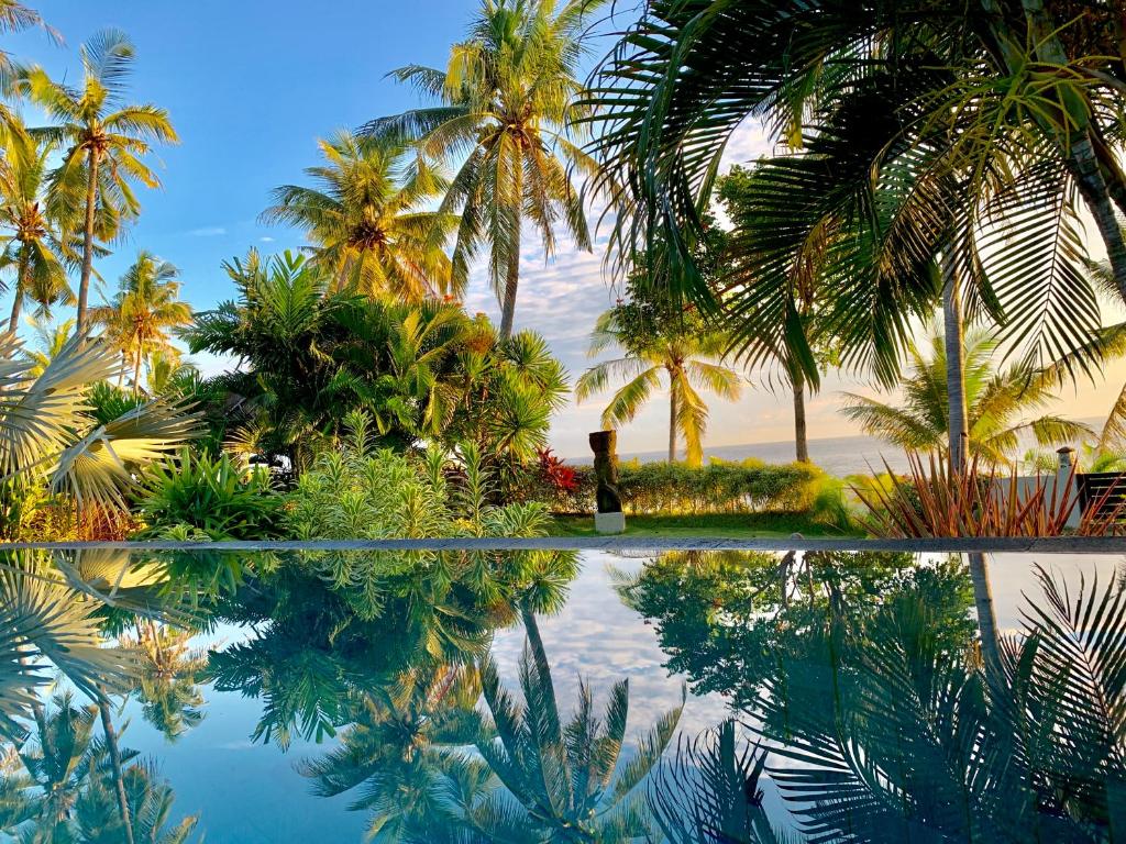 a swimming pool with palm trees and the ocean at Relax Bali Dive & SPA ocean front resort in Tulamben