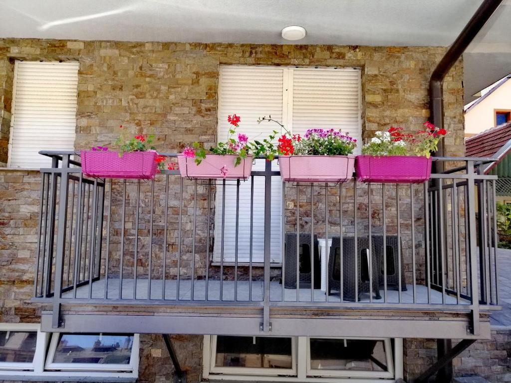 uma varanda com flores em vasos cor-de-rosa em Apatman Sergej em Sokobanja