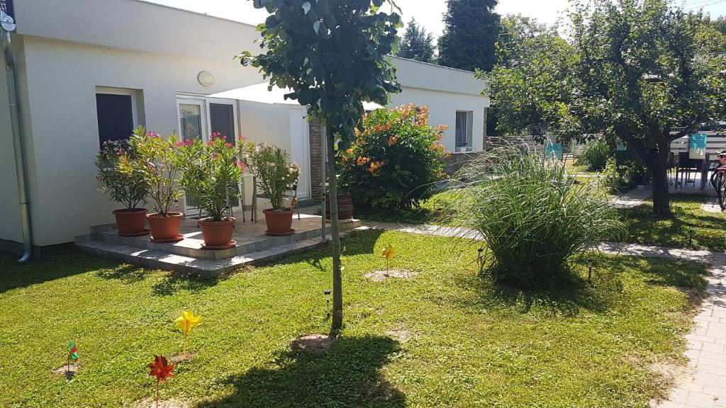 a garden with potted plants and a house at Hóvirág Apartman Balatonberény in Balatonberény