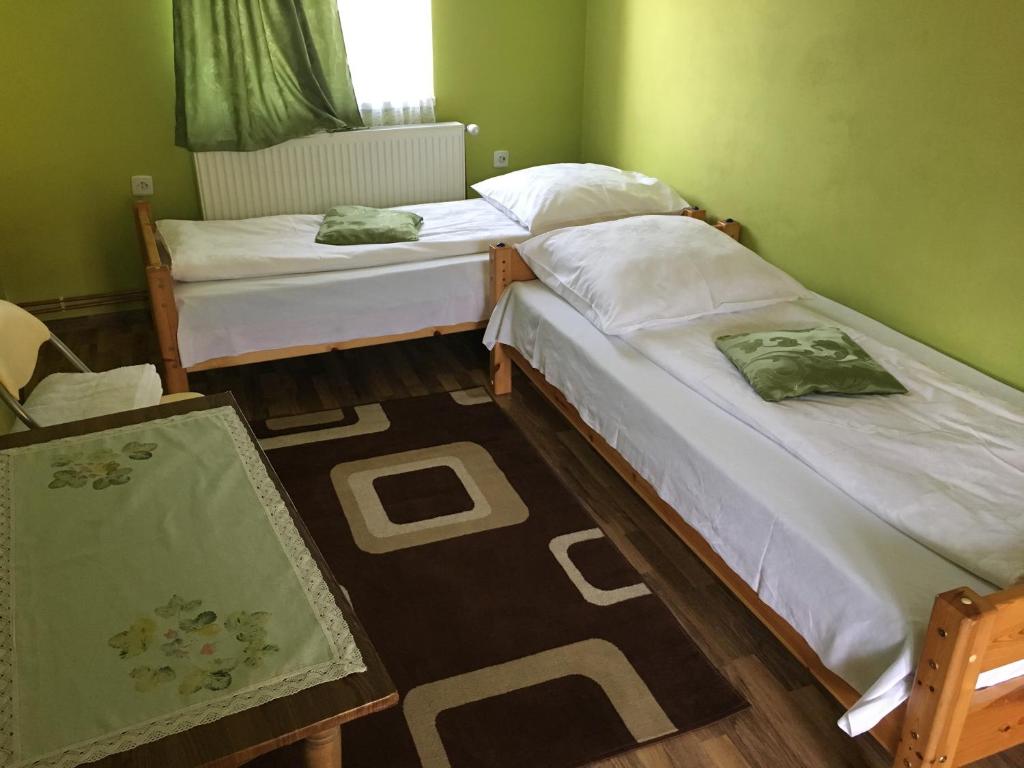 two twin beds in a room with green walls at La Teo in Măru