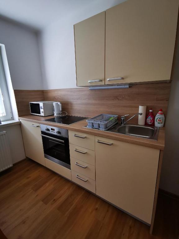 Kuchyň nebo kuchyňský kout v ubytování Apartmaji Tomšič