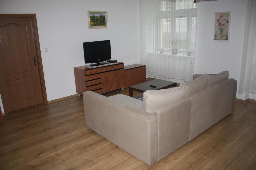 a living room with a couch and a tv at Apartmán v Kašperských Horách in Kašperské Hory