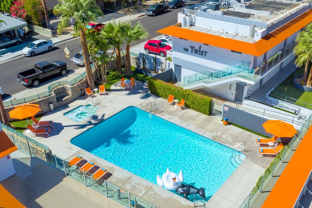 an aerial view of a house with a swimming pool at The Twist Palm Springs in Palm Springs