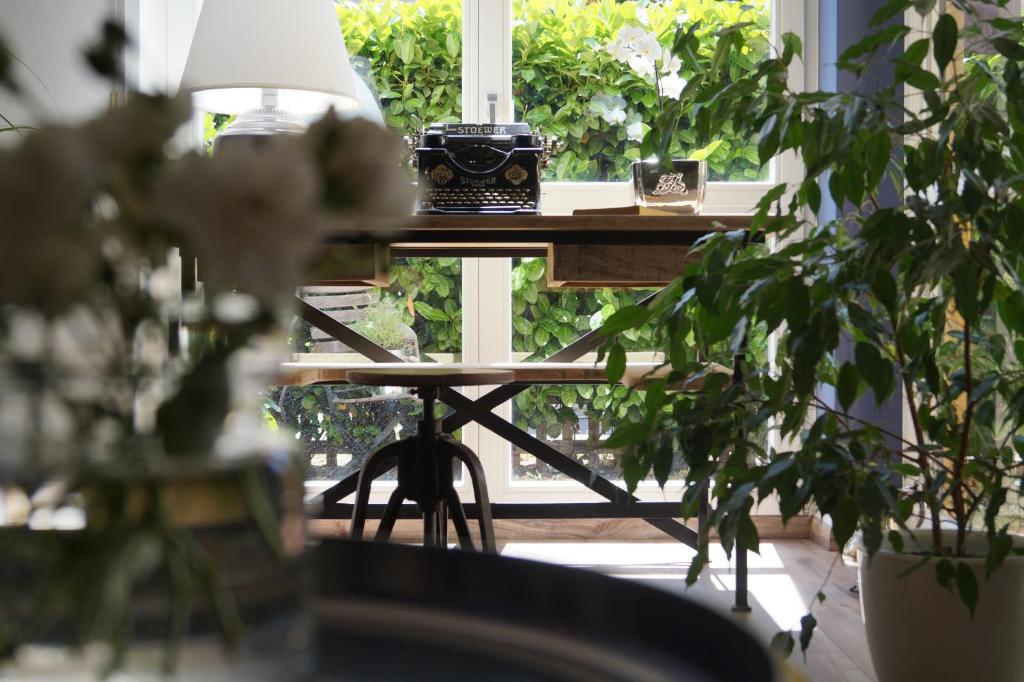 a table in front of a window with a plant at Liebevoll eingerichtete Ferienwohnung am Rande von Berlin in Blankenfelde