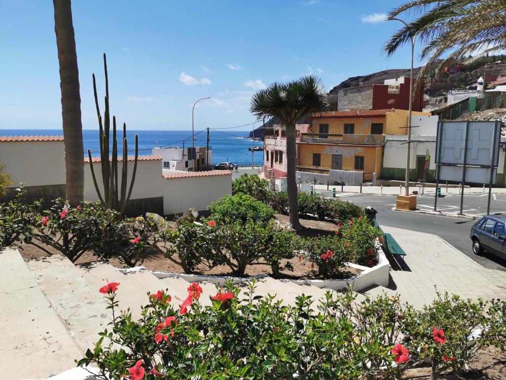 een uitzicht op een straat met bloemen en de oceaan bij Teresa Apartment Sardina Gran Canaria in Sardina