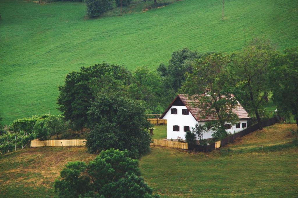 Ein weißes Haus auf einem Feld mit einem Zaun in der Unterkunft Hiša na Pohorju in Šmartno na Pohorju