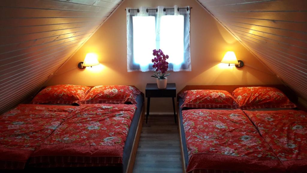 two beds in a attic room with a window at Alpinejka House in Tržič