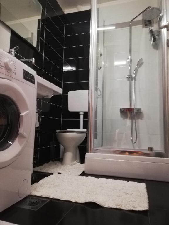 a bathroom with a shower and a toilet and a washing machine at Apartment M&amp;A in Osijek