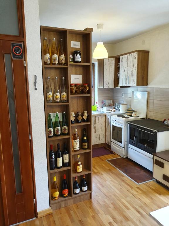 a kitchen with a shelf filled with bottles of wine at Lodge Zeleni svet in Crni Vrh