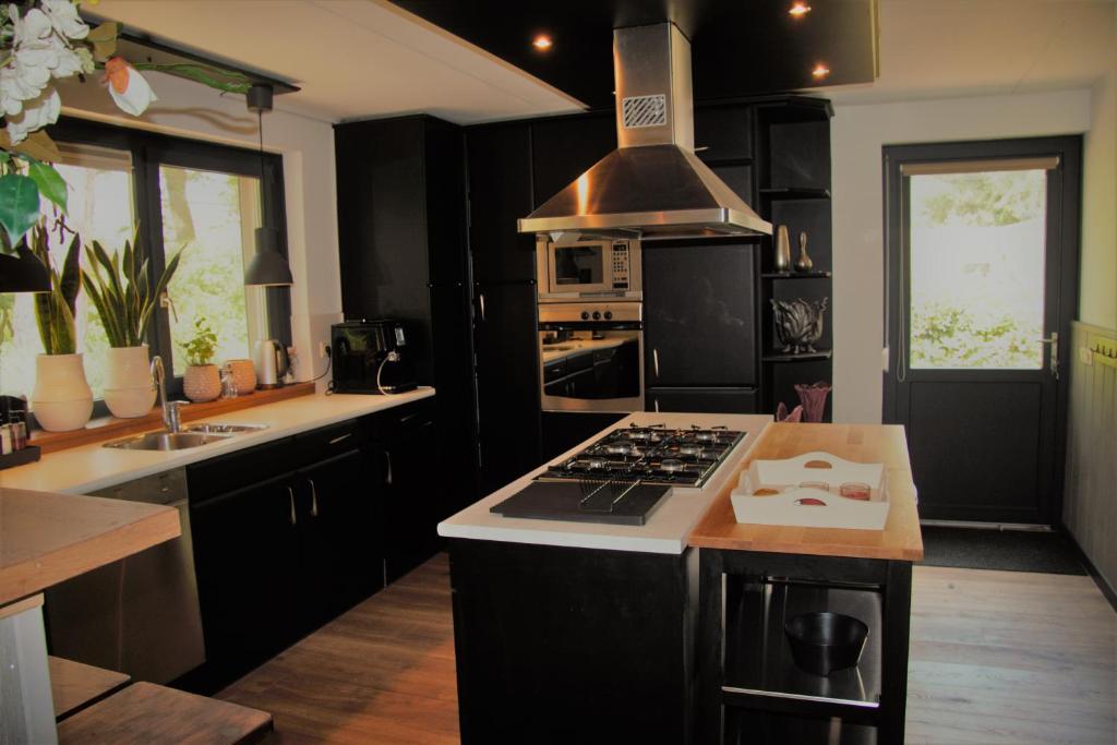 uma cozinha com armários pretos e um forno com placa de fogão em bosbungalow Ruighenrode em Lochem