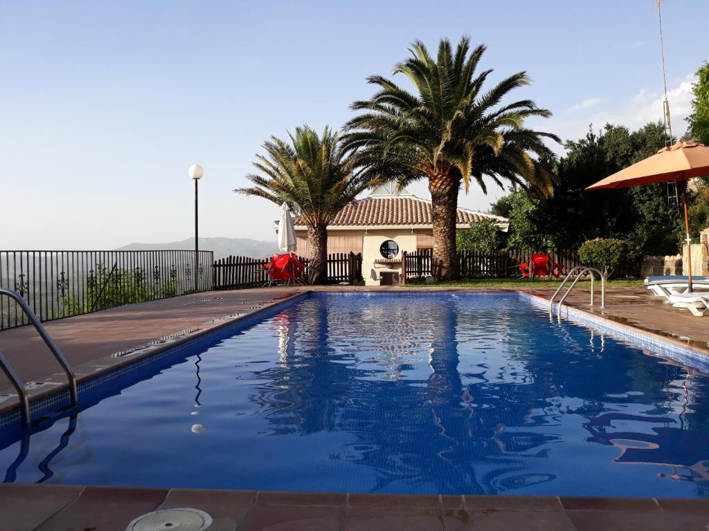 una piscina con palmeras y una casa en Villa SABENA en Cazorla