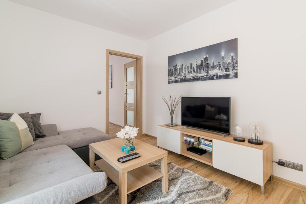 Televízia a/alebo spoločenská miestnosť v ubytovaní Praia Apartments - 200m do Plaży Orłowo - Parking - Apartament Laguna