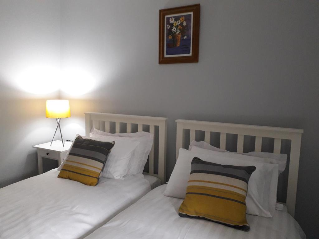 a bedroom with two beds with pillows and a picture on the wall at AnTig beag in Kilmacthomas