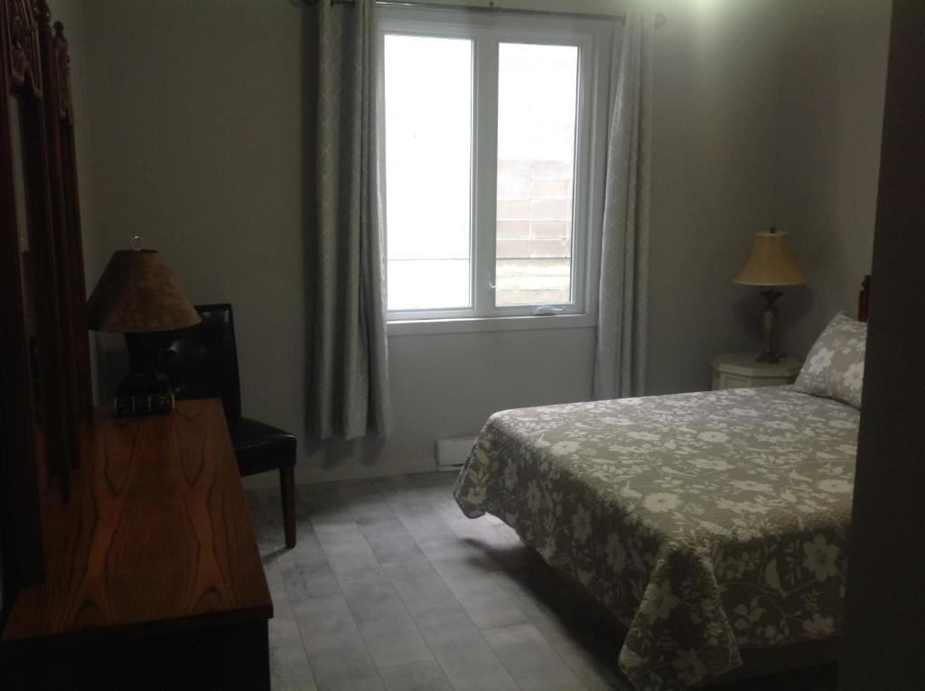 1 dormitorio con cama y ventana en Les appartement 4 saisons des iles en Saint-Gédéon