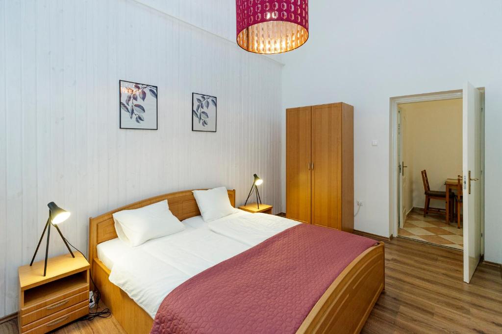 1 dormitorio con 1 cama grande en una habitación en SOPHIE Apartman, en Eger