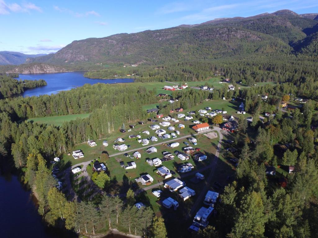 an aerial view of a parking lot with a bunch of cars at Hegna Camping in Seljord