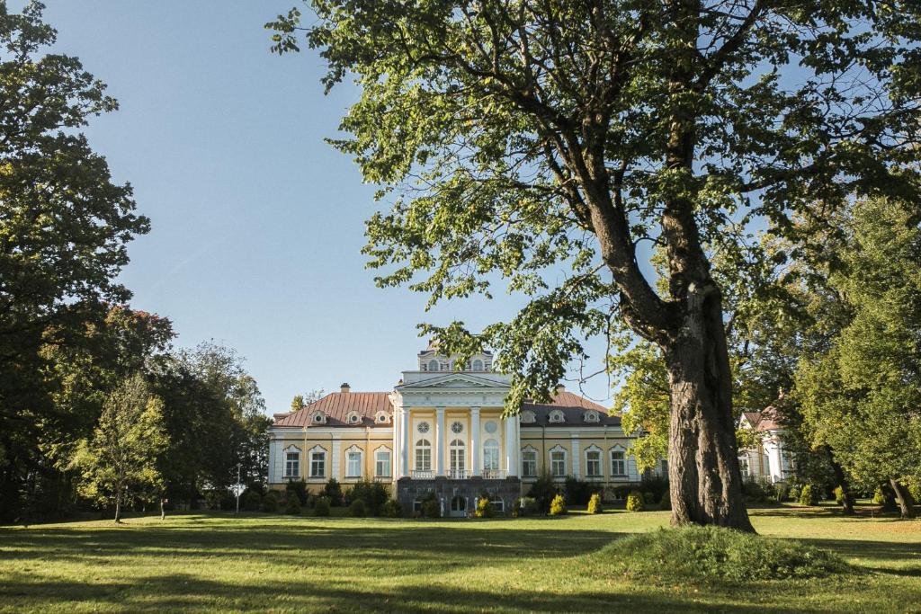 a large white house with a tree in the foreground at Palace Yelizavetino in Dylitsy