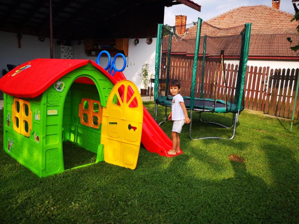 a young boy is standing next to a play house at Casa Andra in Baia de Fier