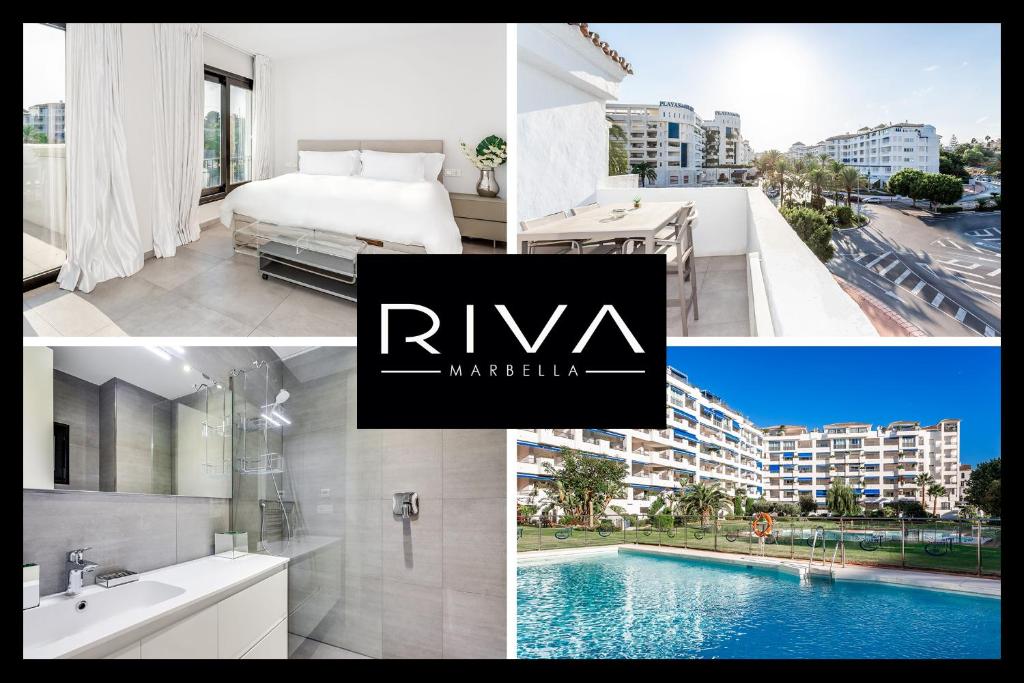 マルベーリャにあるby RIVA - Chic, Contemporary Studio in Puerto Banus Gardensのベッドルームとプールのあるホテルの写真のコラージュ