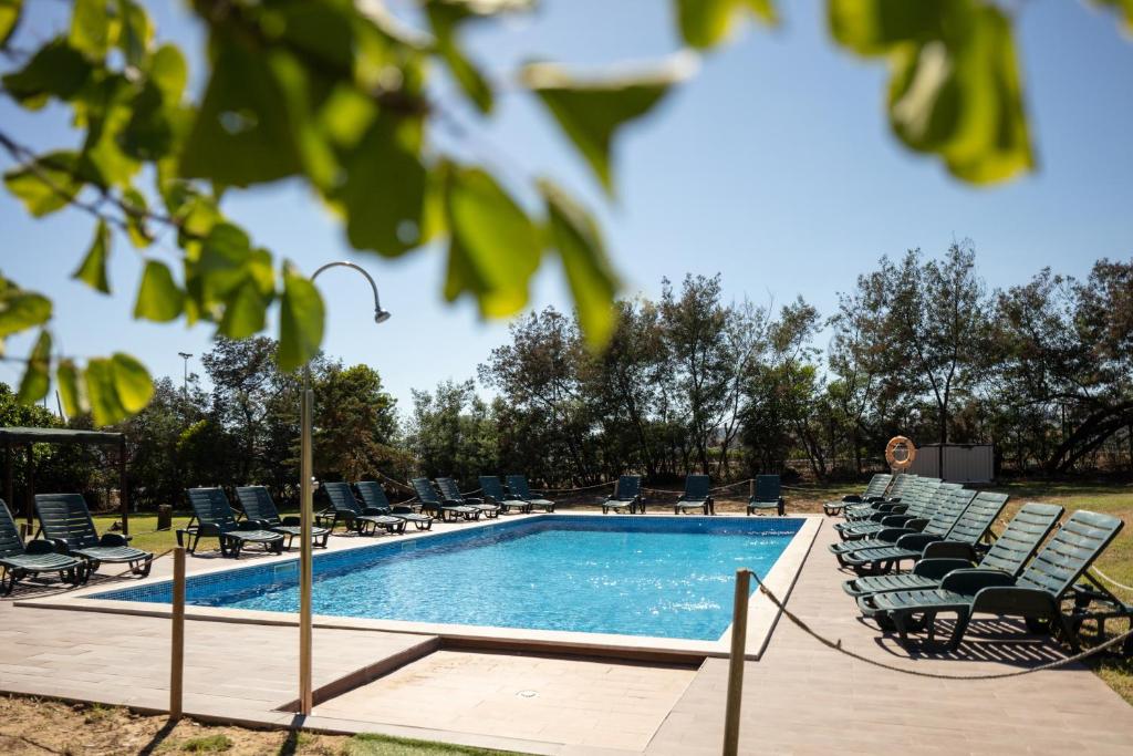 塞圖巴爾的住宿－南里斯本鐘樓酒店- 塞圖巴爾，一个带躺椅和椅子的游泳池