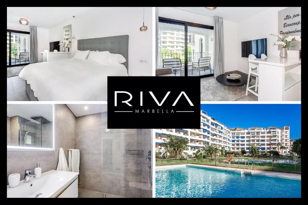 マルベーリャにあるby RIVA - Exclusive, Contemporary Studio in Puerto Banus Gardensのベッドとスイミングプール付きのホテルルームです。
