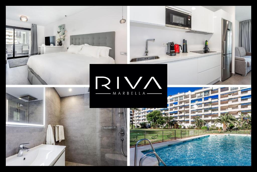 eine Collage mit Fotos eines Hotelzimmers und eines Badezimmers in der Unterkunft by RIVA - Cozy, Contemporary Studio in Puerto Banus Gardens in Marbella
