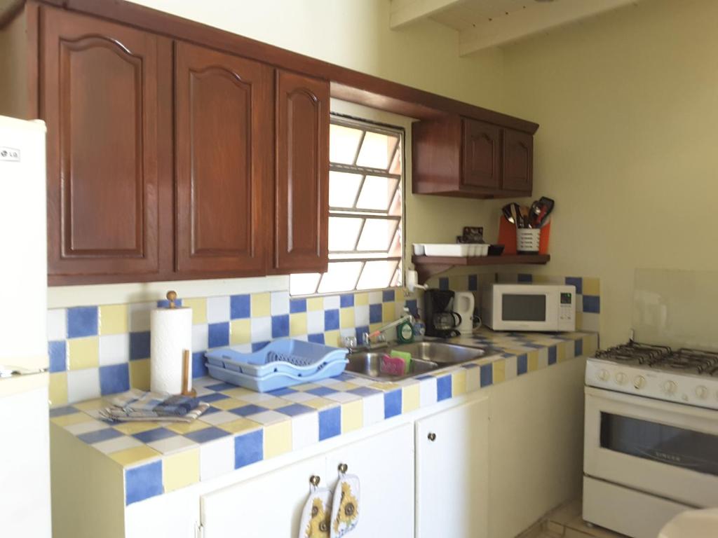 a kitchen with blue and white tiles on the counter at SXM Spotters Paradise in Lowlands