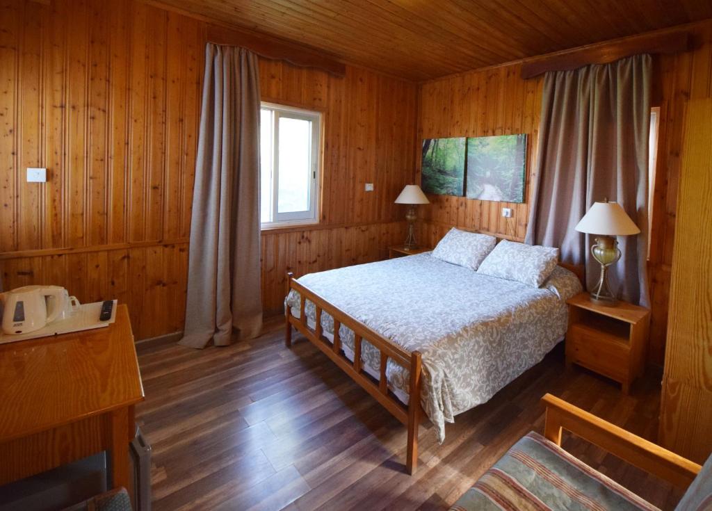 a bedroom with a bed in a wooden room at Christys Palace Hotel in Pedoulas