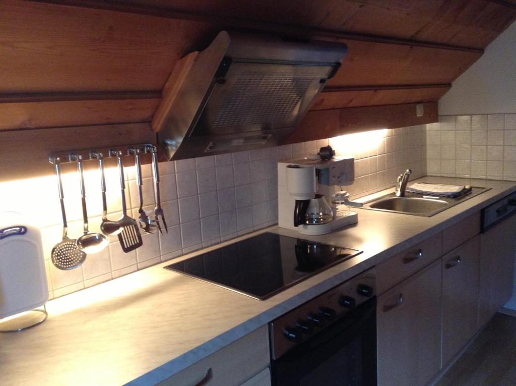a kitchen with a sink and a counter top at Appartements direkt am See in Grundlsee