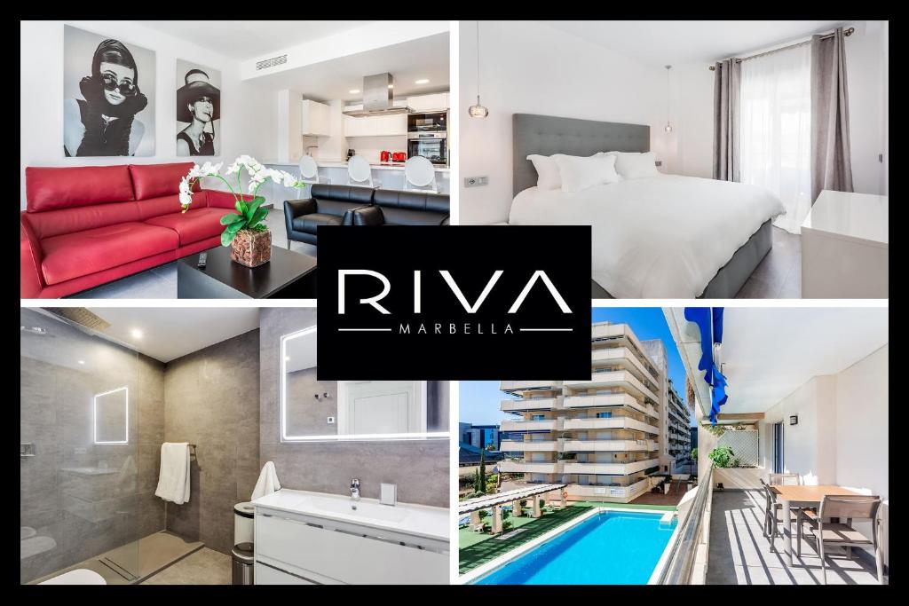 マルベーリャにあるby RIVA - Gorgeous 2 Bedroom Apartment in Centre of Puerto Banusの赤いソファ付きのホテルの部屋の写真のコラージュ