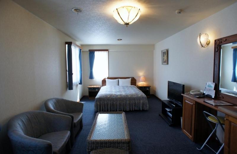 um quarto de hotel com uma cama e uma cadeira e uma televisão em Hotel Sentpia em Higashi-murayama
