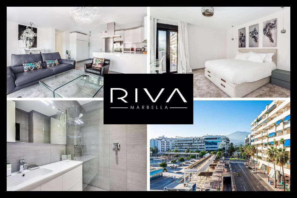 マルベーリャにあるBy RIVA - Contemporary 1 Bedroom Luxury Apt inside Puerto Banusのベッドルームとホテルルームの写真コラージュ