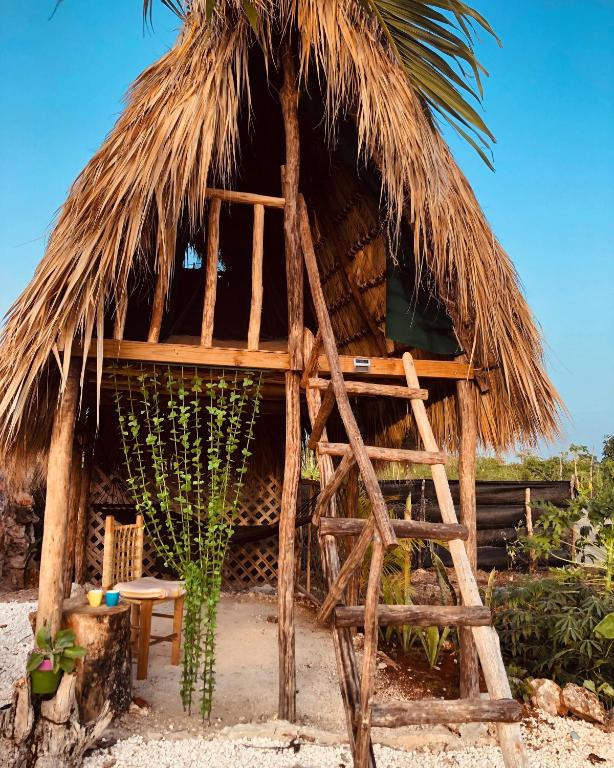 eine Hütte mit Strohdach und Stuhl in der Unterkunft GuaiGüí Bayahibe in Bayahibe