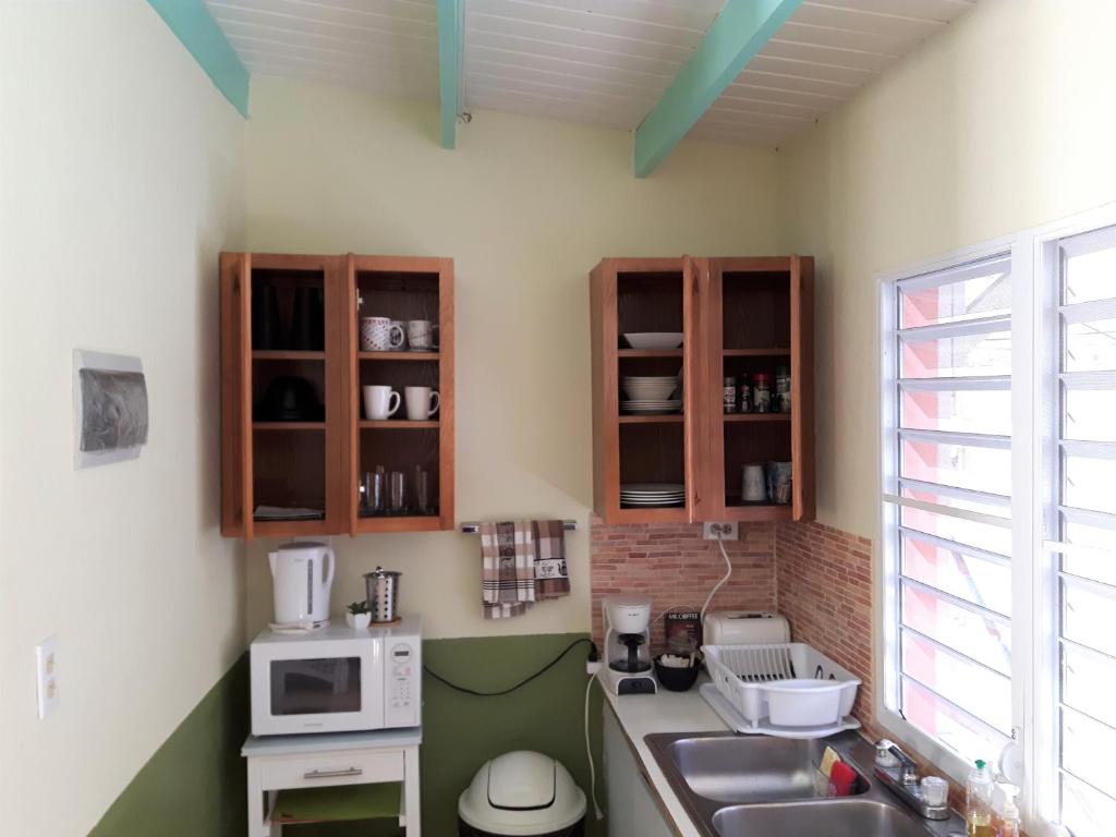 a small kitchen with a sink and a microwave at SXM Spotters Paradise in Lowlands
