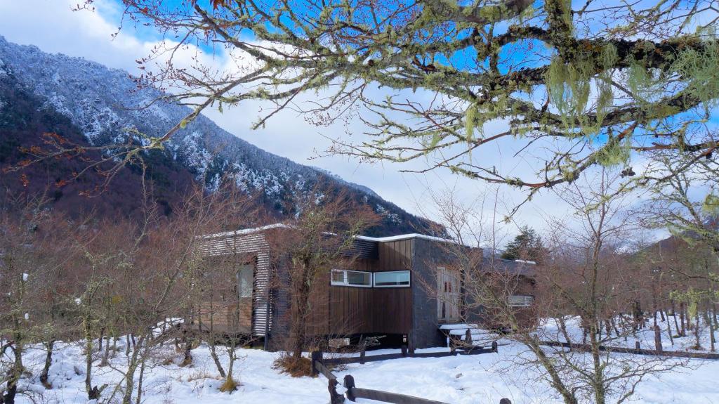 uma casa na neve em frente a uma montanha em Endemiko em Malalcahuello