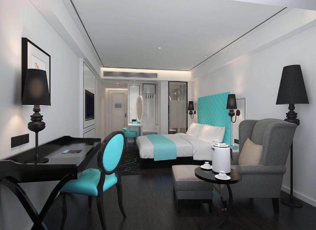 a rendering of a hotel room with a bed and a desk at Xana Hotelle Shenzhen Airport Terminal in Shenzhen