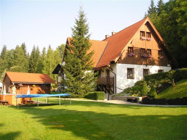 ein Haus mit einem Hof mit einem Tischtennisplatz in der Unterkunft Pension U Háčků in Harrachov