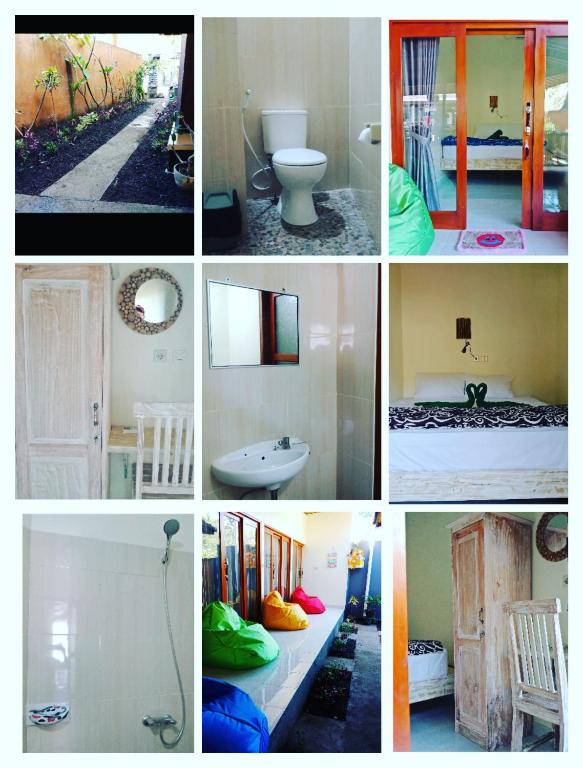 a collage of photos of a bathroom and a room at Backpackers Home Amed in Amed