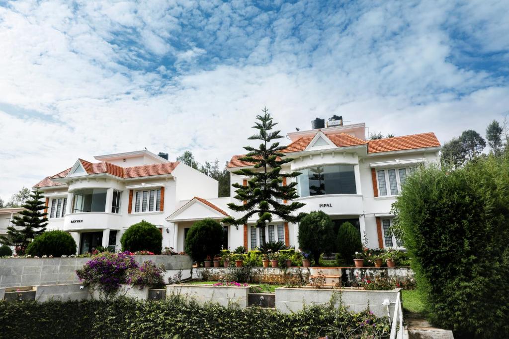 una casa blanca con un árbol en el patio delantero en Twin Tree, en Kotagiri