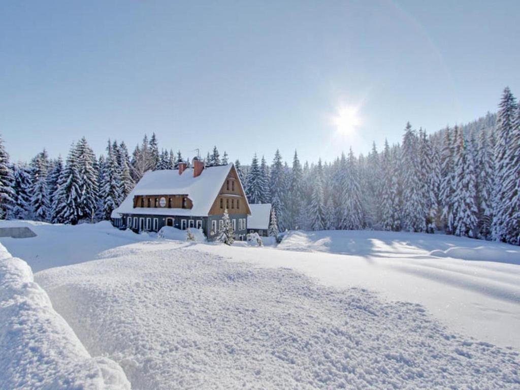 a house covered in snow with trees in the background at Hotel Perla Jizery in Josefuv dul